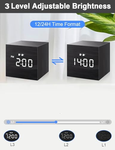 Alarm Clock, Digital Alarm Clock, with Wooden Electronic LED Time Display, Dual Alarm, 2.5-inch Cubic Small Mini Wood Made Electric Clocks for Bedroom, Bedside, Desk