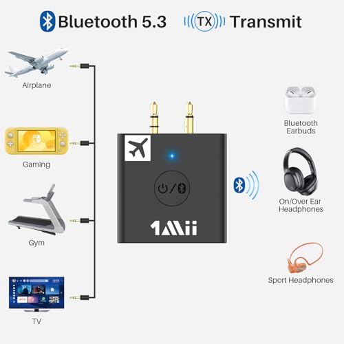 1Mii B05 Airplane Bluetooth 5.3 Audio Transmitter for Headphones W/Portable Charging Case, in-Flight Bluetooth Adapter Support AptX HD/Low Latency/Adaptive, Work with 3.5 Aux on Airline or in Gym