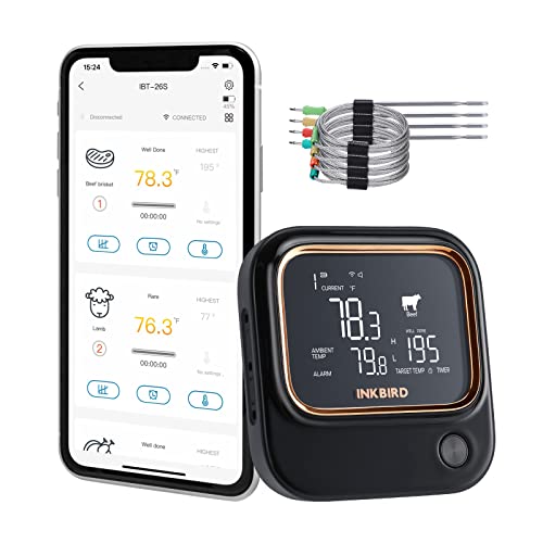 INKBIRD IBT-26S Bluetooth Wi-Fi BBQ Thermometer, with 4 Food-Grade Probes, APP Control, USDA Meat Presets, Temperature Alarm and Timer, Backlit LCD with Adjustable Brightness