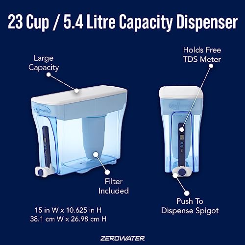 ZeroWater 23 Cup Dispenser with Free TDS Meter (Total Dissolved Solids) - ZD-018
