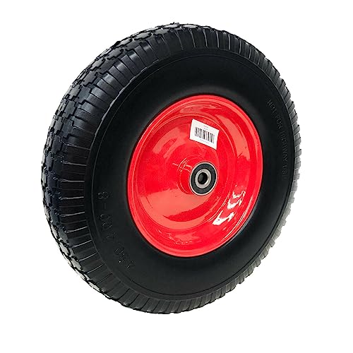 Upgraded 16" Black and Red Flat-Free Wheelbarrow Wheels - Universal Fit 4.80/4.00-8 Tires with 25.4mm Bearings, Non-Slip Design for Wheelbarrows/Garden Trailers