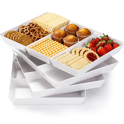 VITEVER 4 Pack, 16'' x 11'', 3-Section Large White Serving Trays Set - Reusable Plastic Platters for Party Food, Charcuterie, Snack, Dessert Display, Stackable Kitchen Dish, BPA Free (VT11-BTP4DV)