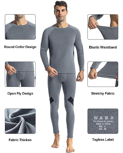 Runhit Thermal Underwear for Men Base Layer Long Underwear Cold Weather Fleece Lined Mens Long John Winter Pants and Shirts Thermal Set XXL Grey