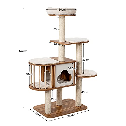 Cat Tree Tower, Large Wood Cat Climbing Condos Stand, w/4 Level Activities Platform, Sisal Rope Scratching Posts, Washable Mats, Tall Cat Playhouse Activity Center for Indoor Cats, Beige, 142CM