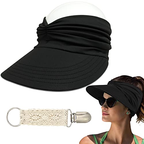 IEHOME Sun Hat for Women/Girls, with Lace Hat Clip, Wide Brim Roll-Up UV Protection Summer Beach Sunshade Visor Cap for Outdoor Swimming Golf Riding Camping Hiking (Black)