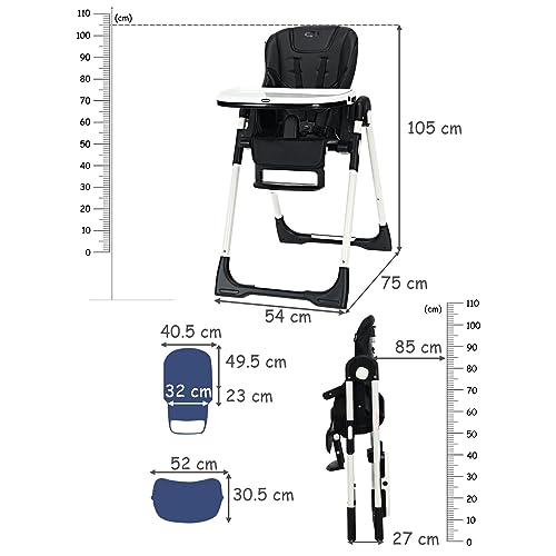 BABY JOY High Chair for Babies & Toddlers, Foldable Highchair with Multiple Adjustable Backrest, Seat Height and Footrest, Removable Tray, Detachable PU Leather Cushion, Built-in Rear Wheels (Black)