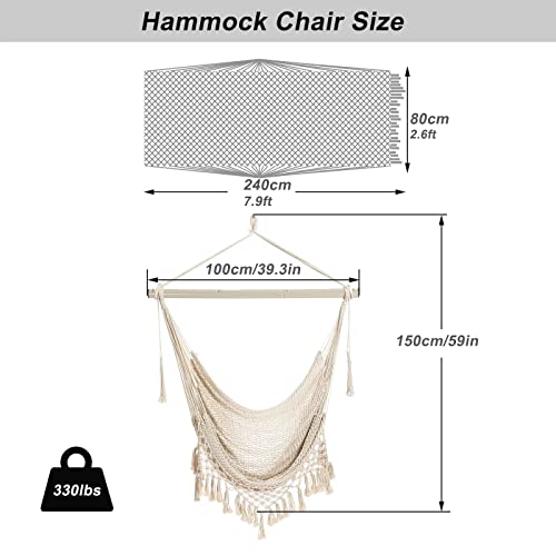 Hammock Chair, Large Hanging Chair, Soft Cotton Rope Swing Chair with High Load-Bearing Metal Rod,Indoor Outdoor Garden Yard Living Room,Max 150kg