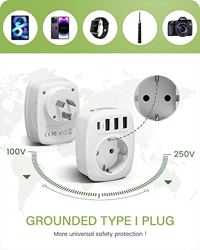 LENCENT Europe to AU Adapter, Australia Outlet Plug Adaptor with 3 USB Ports and Type-C Fast Charging, EU to NZ Travel Plug Converter, 3 Pin AU Adapter Plug, Type I