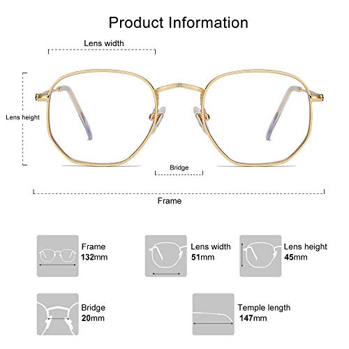 SOJOS Small Blue Light Blocking Glasses Hexagonal Eyeglasses Frame Anti Blue Ray Glasses One and Only SJ5036, 0c1 Gold Frame, Tiny