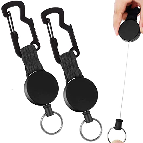 2 Pack Retractable Key Chain, Heavy Duty Carabiner Key Holder with Multitool Belt Clip, 23.5 inch Self Retracting Steel Wire Cord Key Chain, Round & Black