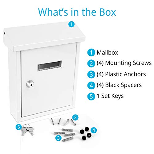 Serenelife SLMAB01 Wall Mount Lockable Mailbox- Modern Outdoor Galvanized Metal Key Large Capacity- Commercial Rural Home Decorative & Office Business Parcel Box Packages Drop Slot Secure Lock, White, 10''x 3.9''x 12.4''