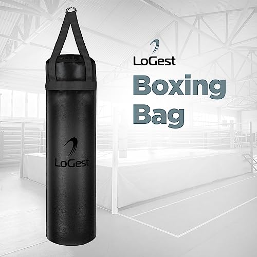 Logest Boxing Bag - Hanging Punching Bag Sports Training Equipment - MMA, Karate, Judo, Muay Thai, Kickboxing - Hanging or Freestanding - Unfilled Max Capacity 100 Lbs - Heavy Punching Bag (Black)