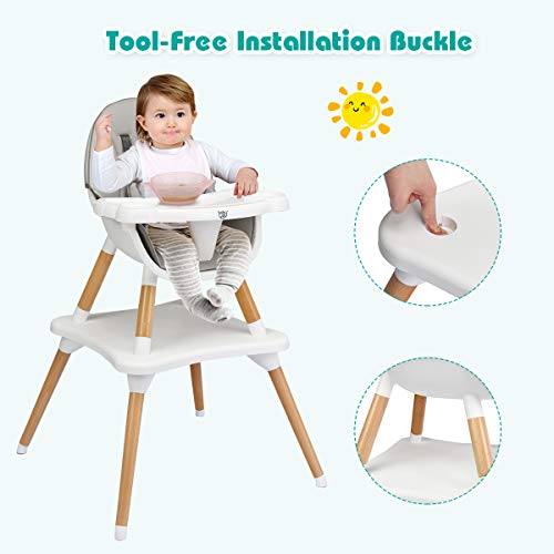 BABY JOY 5 in 1 High Chair, Convertible High Chairs for Babies and Toddlers/Booster Seat/Table and Chair Set, Infant Wooden Highchair w/ 5-Point Harness, 4-Position Removable Tray & PU Cushion (Gray)