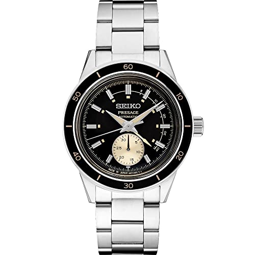 SEIKO Men's Black Dial Silver Stainless Steel Band Presage Automatic Watch, Black, Casual, Classic, Dress/Formal