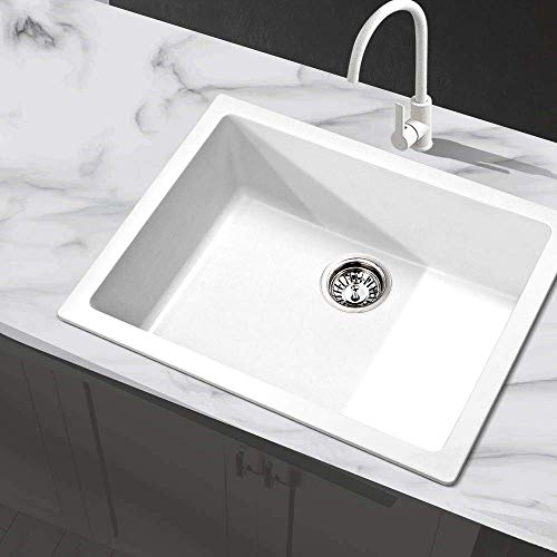 Cefito Stone Kitchen Sink 61 x 47cm Single Bowl Rectangle White Sinks Granite, Laundry Bathroom Home Basin, Handmade Seamless Design Heavy Duty Waste Strainer Top Under Flush Mount