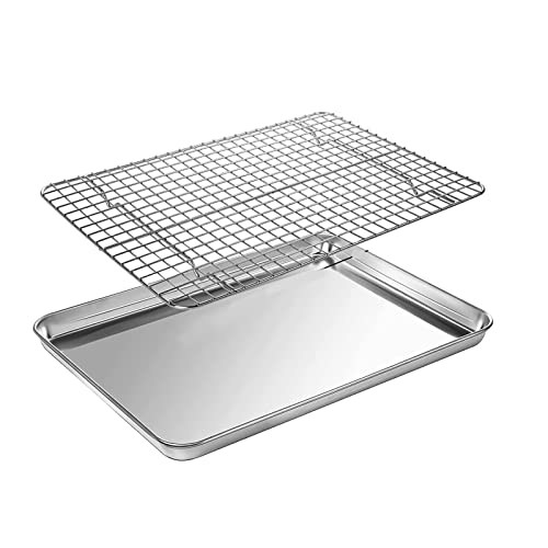 10.4 x 8 x 0.98 Inch Baking Sheets and Racks Set, Stainless Steel Baking Sheet Oven Tray and Cooling Grid Rack for Cookies and Meats( Pans + Grid Frame)