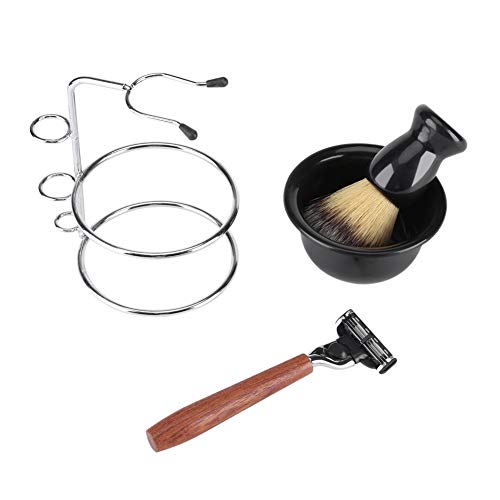 Shaving Razor Kit, 4Pcs Shaving Kit Manual Razor + Stainess Steel Stand Holder + Brush + Bowl Set, Best Fathers Day Gift