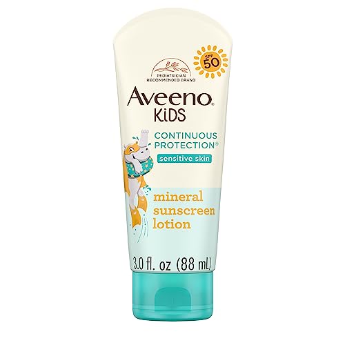 Aveeno Kids Continuous Protection Zinc Oxide Mineral Sunscreen Lotion for Children's Sensitive Skin with Broad Spectrum SPF 50, Tear-Free, Sweat- & Water-Resistant, Non-Greasy, 3 fl. oz