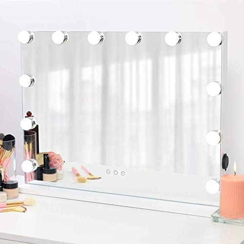 (L22.83 X H18.28cm ) - AMST Hollywood Vanity Mirror with Lights, Dimmable 12pcs LED Bulbs with 3 Colour Tones, Touchscreen Makeup Mirror with USB Port, Lighted Tabletop Vanity Mirror, White(L22.83 X H17.13cm )