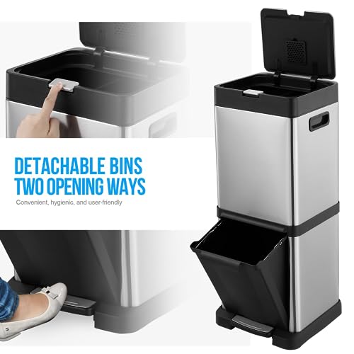 40L Pedal Rubbish Bin Dual Compartment Garbage Bin Recycle Stainless Steel Waste Bin Push Button+Foot Pedal Trash Can for Kitchen Office 31 x 31 x 78cm