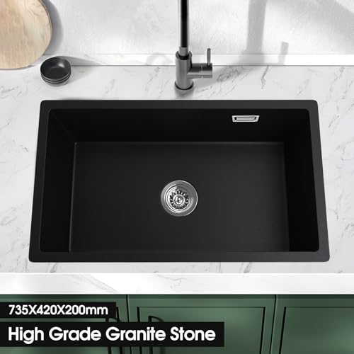 735x420mm Black Granite Stone Kitchen Sink Single Bowl Laundry Kitchen Sink Basin 10mm Thickness Stone Bar Kitchen Sinks with Overflow Home Utility Granite Kitchen Sink with Waste Strainer(Black)