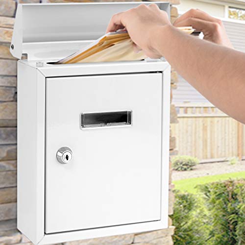 Serenelife SLMAB01 Wall Mount Lockable Mailbox- Modern Outdoor Galvanized Metal Key Large Capacity- Commercial Rural Home Decorative & Office Business Parcel Box Packages Drop Slot Secure Lock, White, 10''x 3.9''x 12.4''