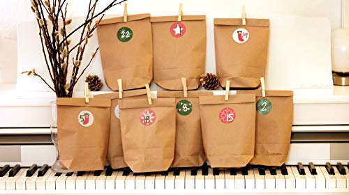 Advent Calendar for Filling – 24 Gift Bags and 24 Number Stickers and Clips – Classic Christmas Motif – for Filling and Crafts – Christmas 2021 – Mini Set No. 15