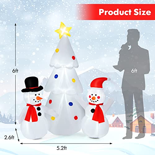 Tangkula 6 FT Inflatable White Christmas Tree with Snowman, Lighted Blow up Xmas Tree, Self Inflating Christmas Decor w/ LED Lights, Built-in Sandbags, Indoor Outdoor Yard Decoration for Garden, Lawn