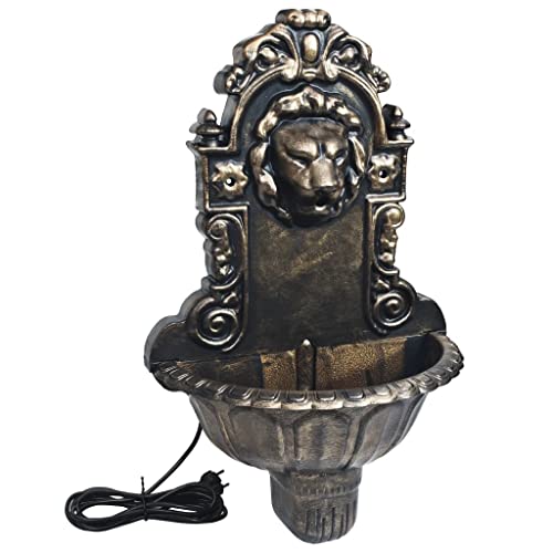 vidaXL Indoor Wall Fountain with Lion Head Design, Made of Durable Plastic, Comes with Smooth-Running Water Pump and Hose - Bronze