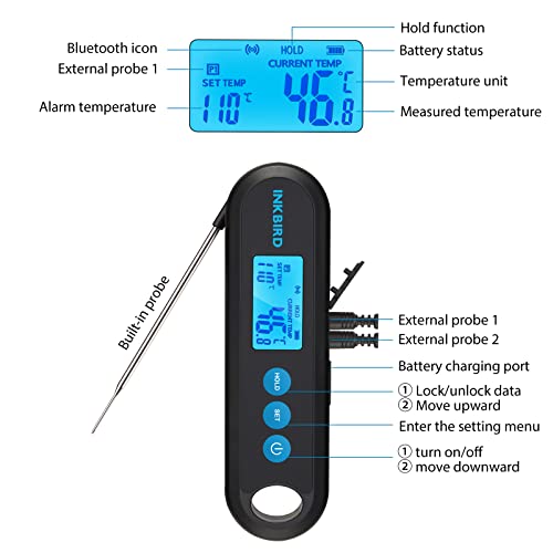 Inkbird Bluetooth Digital Meat Thermometer With External Probes Backlight Display 2 Sec Instant Readout Support Temperature Alarms And Timers RechargeableInstant Read Cooking Thermometer For Grilling BBQ Poultry Outdoor Barbecue Kitchen (IHT-2PB + 2 Probe