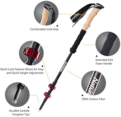 Naturehike Trekking Poles – Collapsible, Lightweight, Shock-Absorbent, Hiking, Walking & Running Sticks with Anti-Slip Cork Grips, Quick Locks, 4 Season/All Terrain Accessories and Carry Bag (Black)