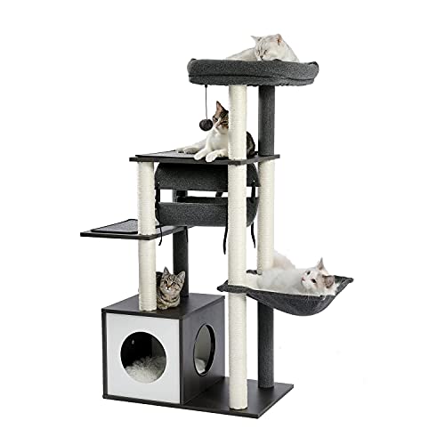 PAWZ Road Cat Tree Cat Scratching Post with a Large Hammock Play Tower, Play Tunnel Wooden Furniture Cat Stand 130cm Grey