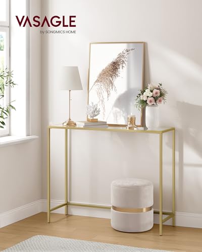 Vasagle Console Table, Tempered Glass Table, Modern Sofa or Entryway Table, Metal Frame, Sturdy, Adjustable Feet, for Living Room, Hallway, Golden