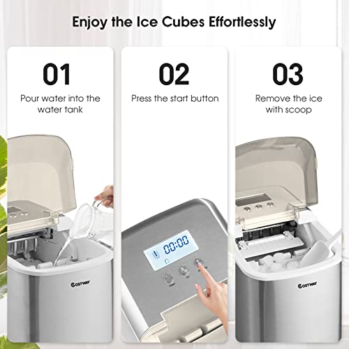 Costway Countertop Ice Maker, Portable Ice Machine w/Self-Clean Function, 2 Ice Sizes, 9 Bullet Ice Per 7-8Mins, LCD Display & Ice Scoop, Commercial Ice Cube Maker Tray for Restaurant, Bar, Office