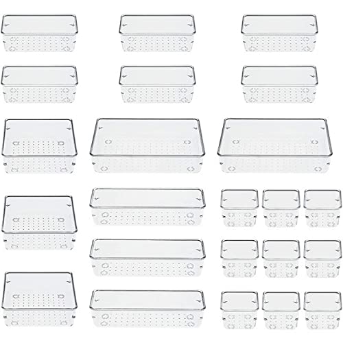 23 PCS Clear Plastic Drawer Organizers Set, 5 Different Size Bathroom and Vanity Drawer Organizer Trays, Storage Bins for Makeup, Jewelries, Kitchen Utensils and Office