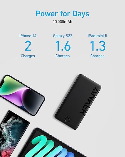 Anker Power Bank, 10K Portable Charger (PowerCore PIQ), High-Capacity Battery Pack for iPhone 15/15 Plus/15 Pro/15 Pro Max/14/14 Pro/Samsung/Pixel/LG (Cable and Charger Not Included)(Black)