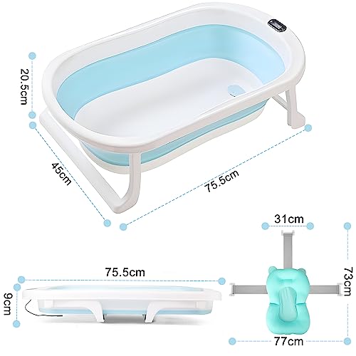Baby Bathtub with Water Temperature Sensor for Newborn, Collapsible Baby Bath Tub for Travel and Easy Storage, Portable Baby Bathing Tubs & Seats with Support Pad and Thermometer (Blue)