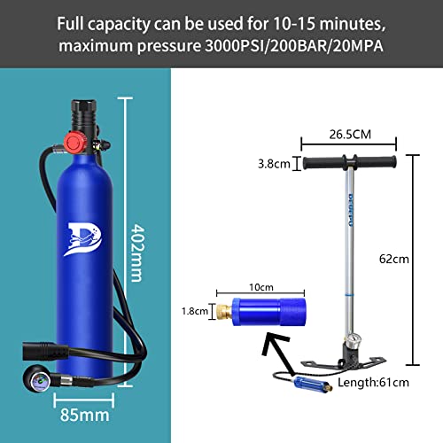 D Mini Scuba Tank of OT Certification,ive Tank Breathing for 10-15 Minutes, 1L Scuba iving Gear,ive Within 30 Feet Portable ive Lungs,Scuba iving Tanks with Pump,3000 Psi Mini Scuba Tank Kit