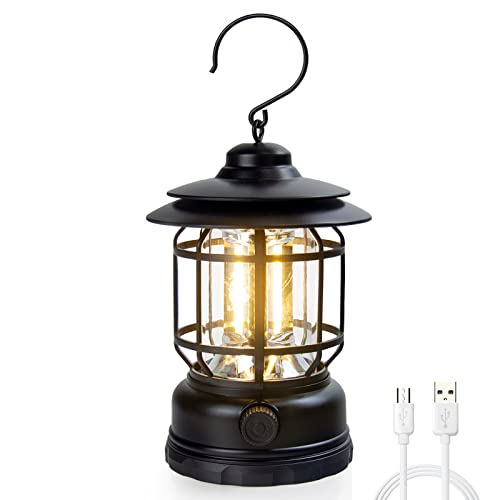 ZCOINS Rechargeable Camping Lantern, Retro Camping Light Lamp for Indoors Outdoors, 1200mAh Battery Powered LED Tent Light with Hook, Portable Waterproof Camping Lantern for Hiking, Fishing, Emergency (1 Black)