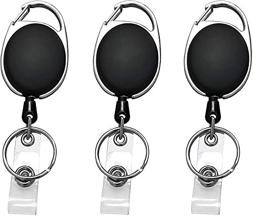 Retractable Badge Reel with Carabiner Belt Clip and Key Ring for ID Card Key Keychain Badge Holder Black 3 Pack