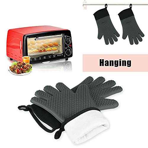 GEEKHOM Silicone BBQ Gloves, Heat Resistant Kitchen Oven Mitts, Waterproof Oven Gloves, BBQ Grill Accessories for Baking, Fryer, Smoker, Weber, Pizza, Microwave, Non-Slip Oil Resistant (Grey)