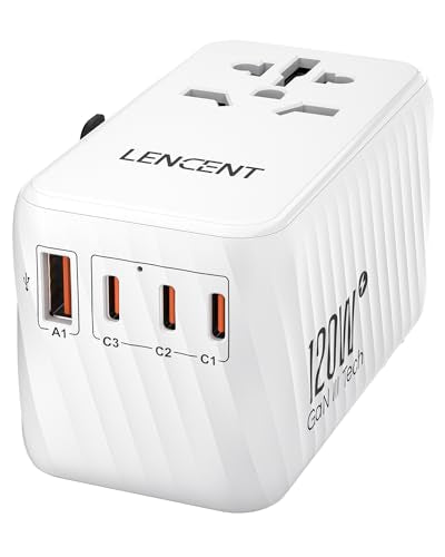 LENCENT International Travel Adapter, 120W GaN Universal Fast Charger with 3 PD3.0 Type C+1 QC USB A, All in One Power Adaptor for iPhones,Laptops, Worldwide Plug Adapter for EU/USA/UK/AU, White