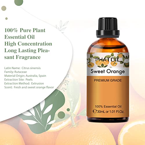 PHATOIL 30 ML Sweet Orange Essential Oil, for Aromatherapy Diffusers, Humidifiers, Great for DIY Candle and Scented Products Making