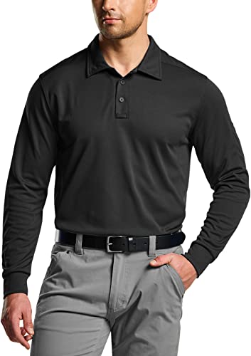 CQR Men's Polo Shirt, Long Sleeve Tactical Shirts, Dry Fit Lightweight Golf Shirts, Outdoor UPF 50+ Pique Shirt TOK004-BLK Large