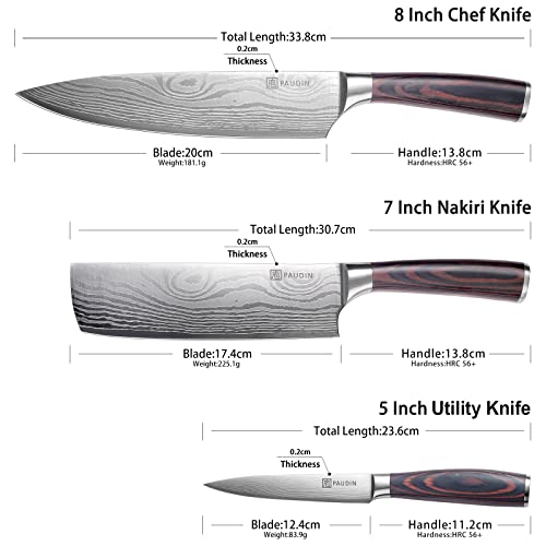 PAUDIN 3 Piece Kitchen Knife Set, German High Carbon Stainless Steel Chef Knife Set with Wooden Handle, Professional Kitchen Knives with Gift Box