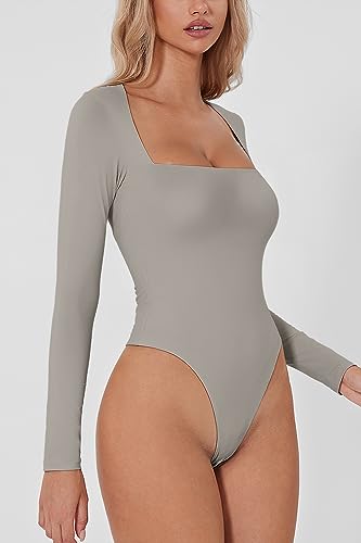 QINSEN Women's Sexy Square Neck Bodysuit Long Sleeve Double Lined Shirt Tops, Quiet Gray, Large