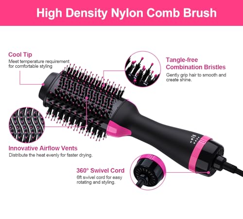 AU Plug Hot Air Brush,One Step Hair Dryer & Volumizer Hair Dryer & Volumizing Styler Comb 3-in-1 Negative Ion Straightening Brush Salon Hair Straightener Brush Curler for All Hair Types (Rose Black)