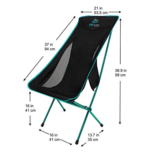 FE Active Camping Folding Chair - Extra Long Portable Compact Folding Beach Chair w/Headrest for More Comfort. Full Aluminum Joints for Hiking, Outdoors, Backpacking, Travel | Designed in California