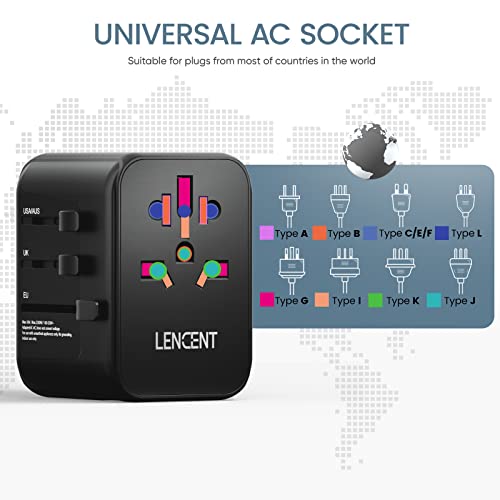 LENCENT Universal Travel Adapter, International Charger with 3 USB Ports & Type-C PD Charging Adaptor for Cellphones,Laptop, All in One Travel Plug Adapter for Over 200 Countries (USA UK EU AUS) Black