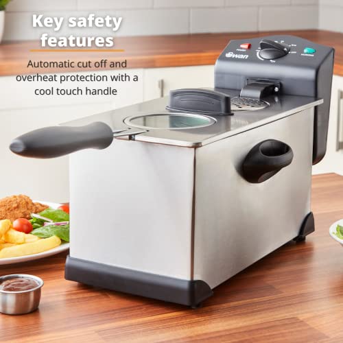 Swan SD6040N 3 Litre Stainless Steel Deep Fat Fryer with Viewing Window and Safety Cut Out, Non-Slip, Easy Clean and Adjustable Temperature Control, 2000W, Silver